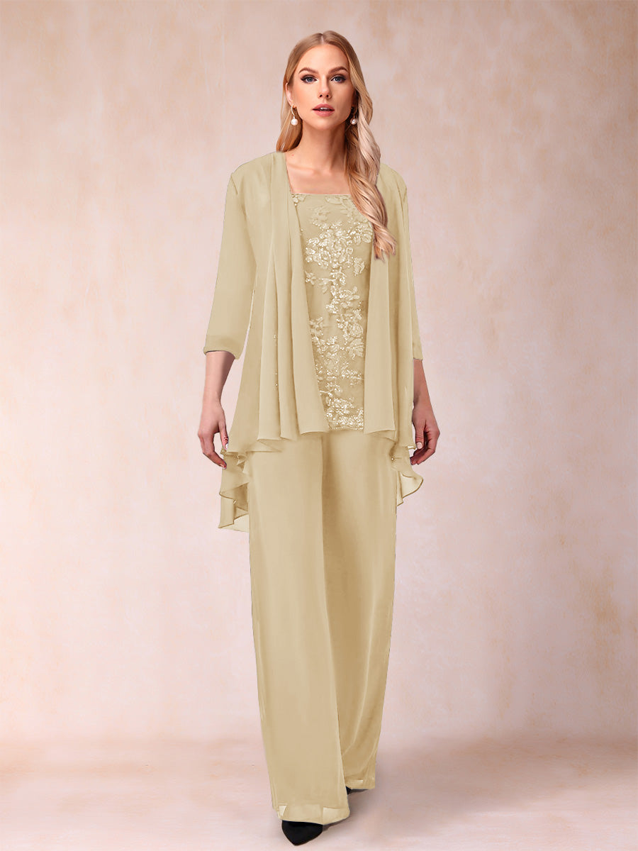Chiffon Scoop 3/4 Sleeves 3 Pieces Pantsuits with Applique &amp; Jacket