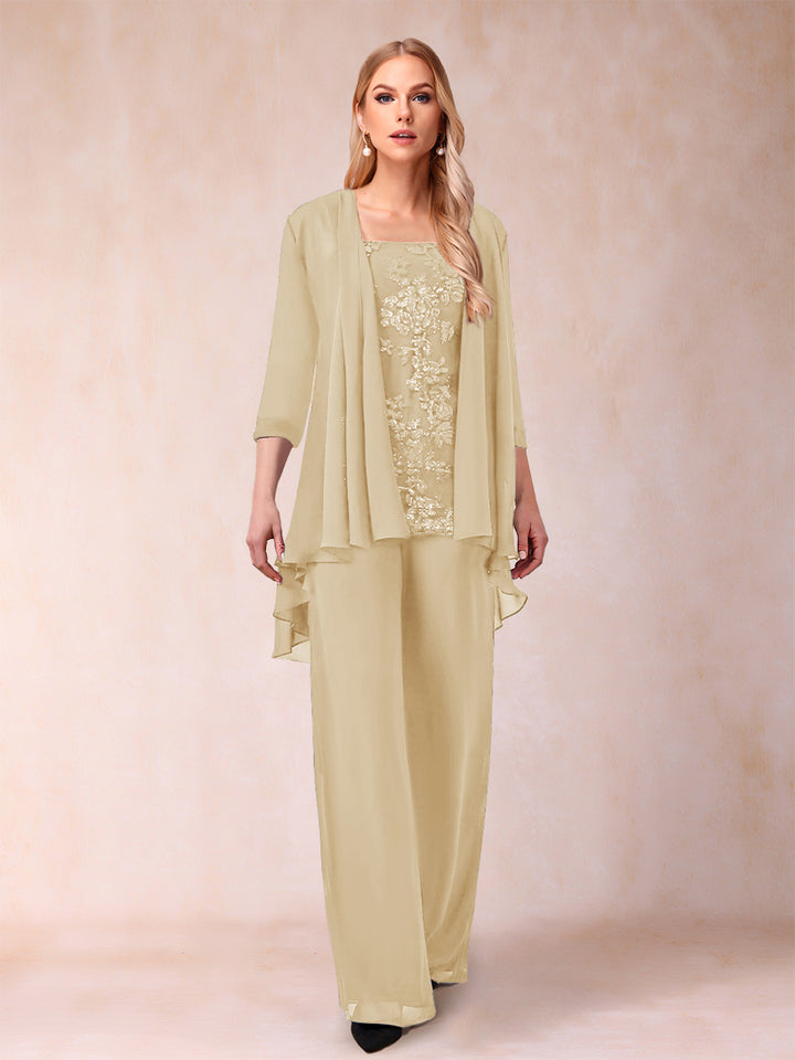Chiffon Scoop 3/4 Sleeves 3 Pieces Pantsuits with Applique &amp; Jacket
