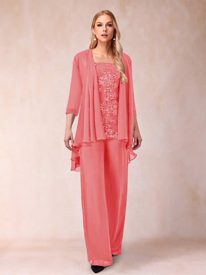 Chiffon Scoop 3/4 Sleeves 3 Pieces Pantsuits with Applique &amp; Jacket