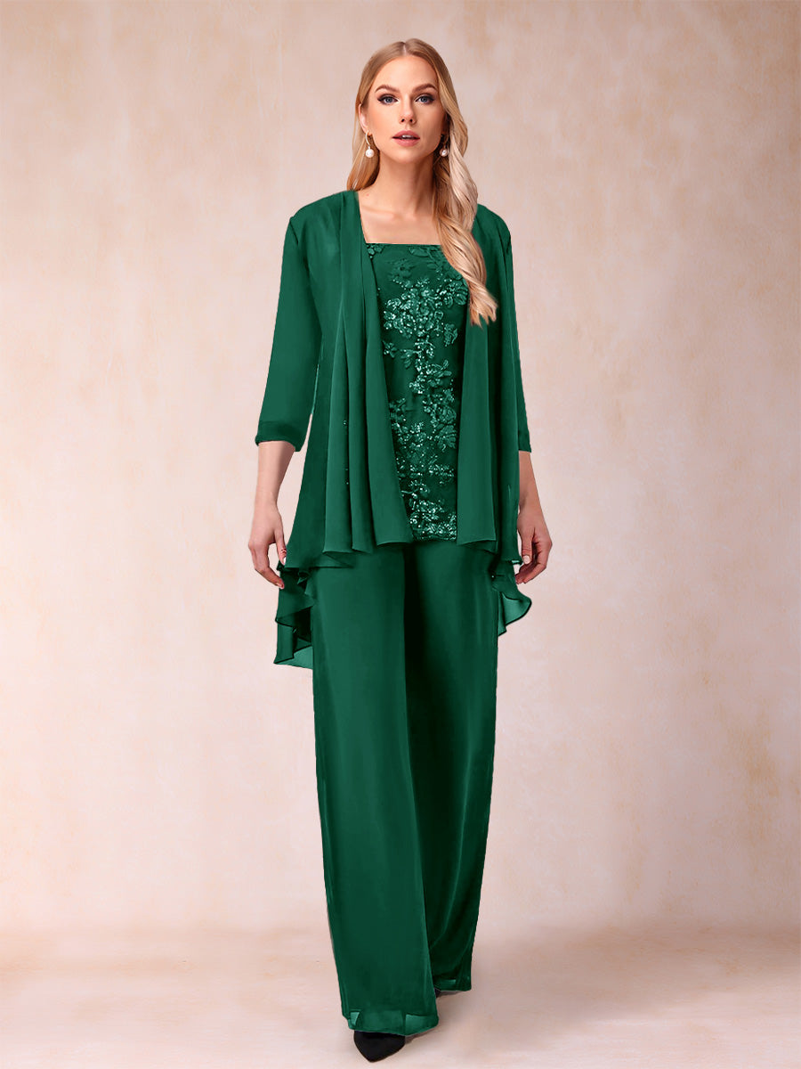 Chiffon Scoop 3/4 Sleeves 3 Pieces Pantsuits with Applique &amp; Jacket