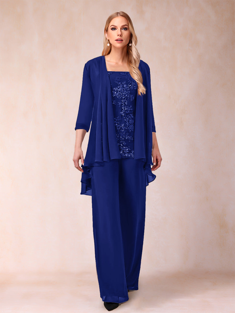 Chiffon Scoop 3/4 Sleeves 3 Pieces Pantsuits with Applique &amp; Jacket