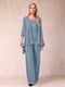 Chiffon Scoop 3/4 Sleeves 3 Pieces Pantsuits with Applique & Jacket