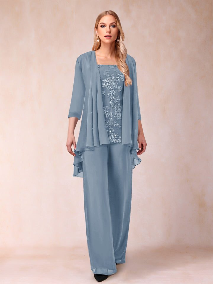 Chiffon Scoop 3/4 Sleeves 3 Pieces Pantsuits with Applique &amp; Jacket