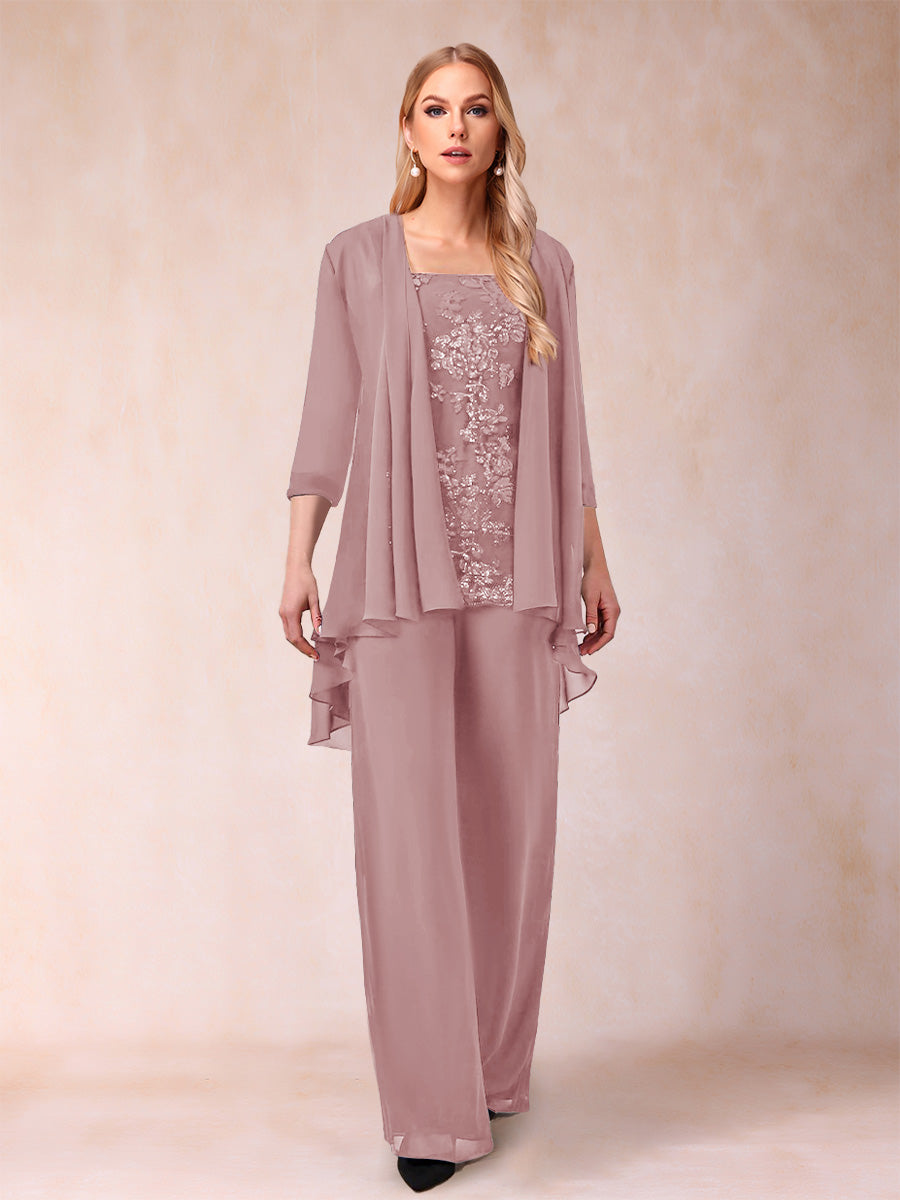 Chiffon Scoop 3/4 Sleeves 3 Pieces Pantsuits with Applique &amp; Jacket