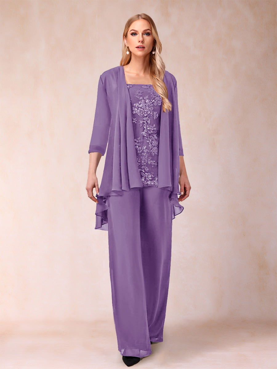 Chiffon Scoop 3/4 Sleeves 3 Pieces Pantsuits with Applique &amp; Jacket