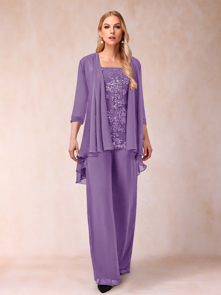 Chiffon Scoop 3/4 Sleeves 3 Pieces Pantsuits with Applique &amp; Jacket