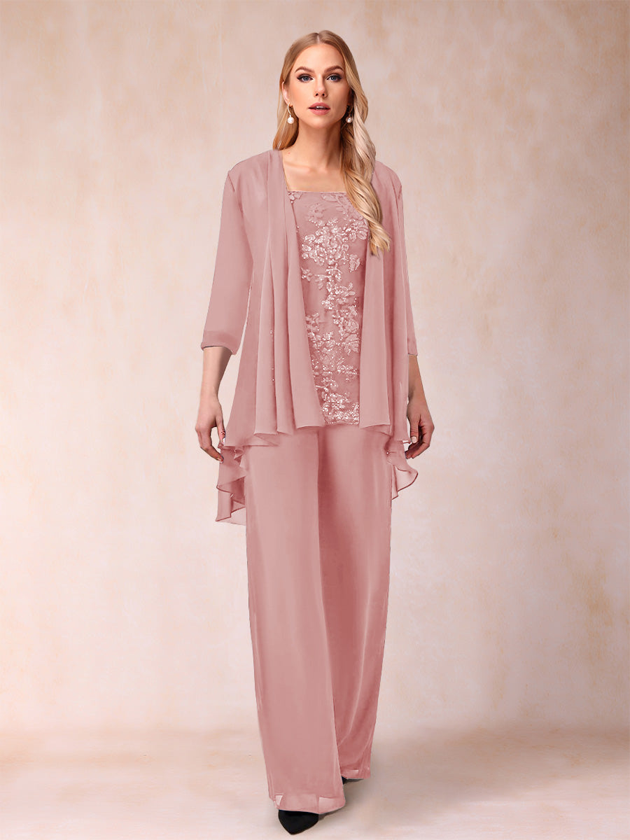 Chiffon Scoop 3/4 Sleeves 3 Pieces Pantsuits with Applique &amp; Jacket