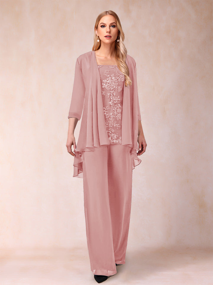 Chiffon Scoop 3/4 Sleeves 3 Pieces Pantsuits with Applique &amp; Jacket