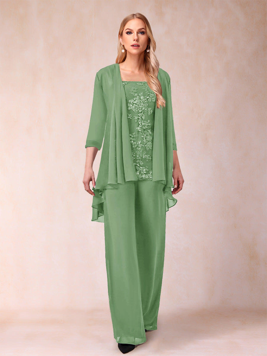 Chiffon Scoop 3/4 Sleeves 3 Pieces Pantsuits with Applique &amp; Jacket