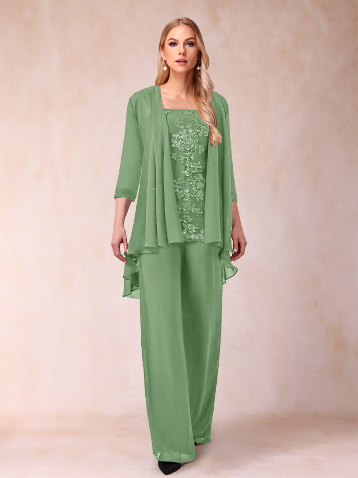 Chiffon Scoop 3/4 Sleeves 3 Pieces Pantsuits with Applique &amp; Jacket