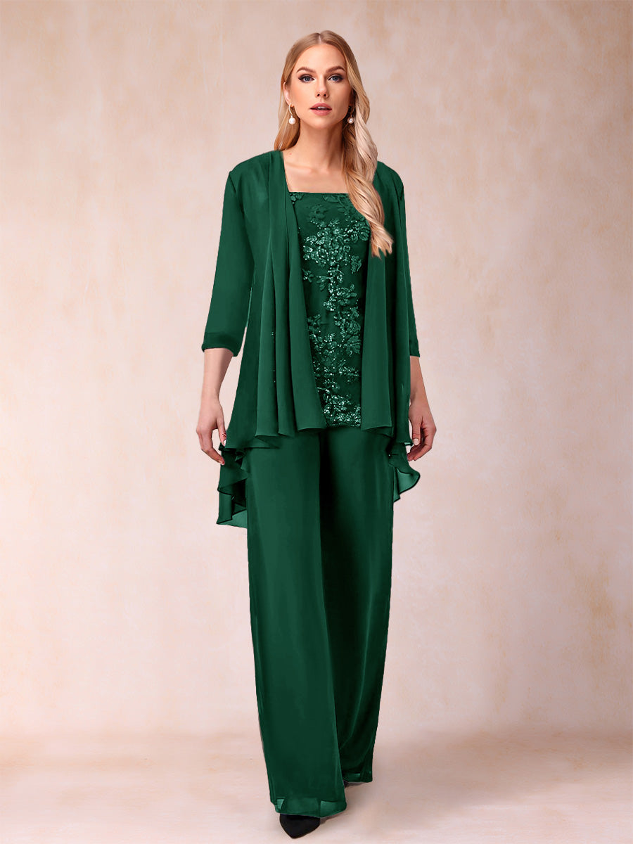 Chiffon Scoop 3/4 Sleeves 3 Pieces Pantsuits with Applique &amp; Jacket