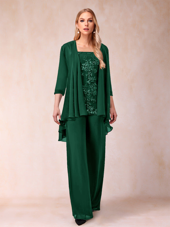 Chiffon Scoop 3/4 Sleeves 3 Pieces Pantsuits with Applique &amp; Jacket