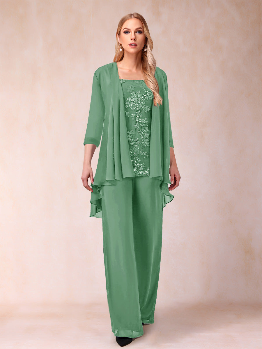 Chiffon Scoop 3/4 Sleeves 3 Pieces Pantsuits with Applique &amp; Jacket