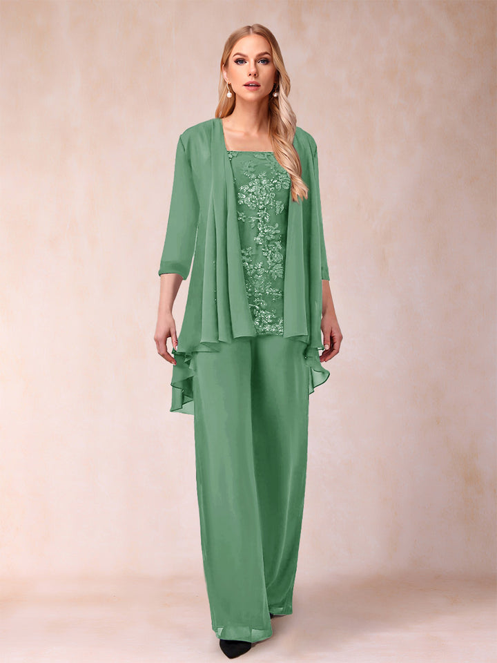 Chiffon Scoop 3/4 Sleeves 3 Pieces Pantsuits with Applique &amp; Jacket