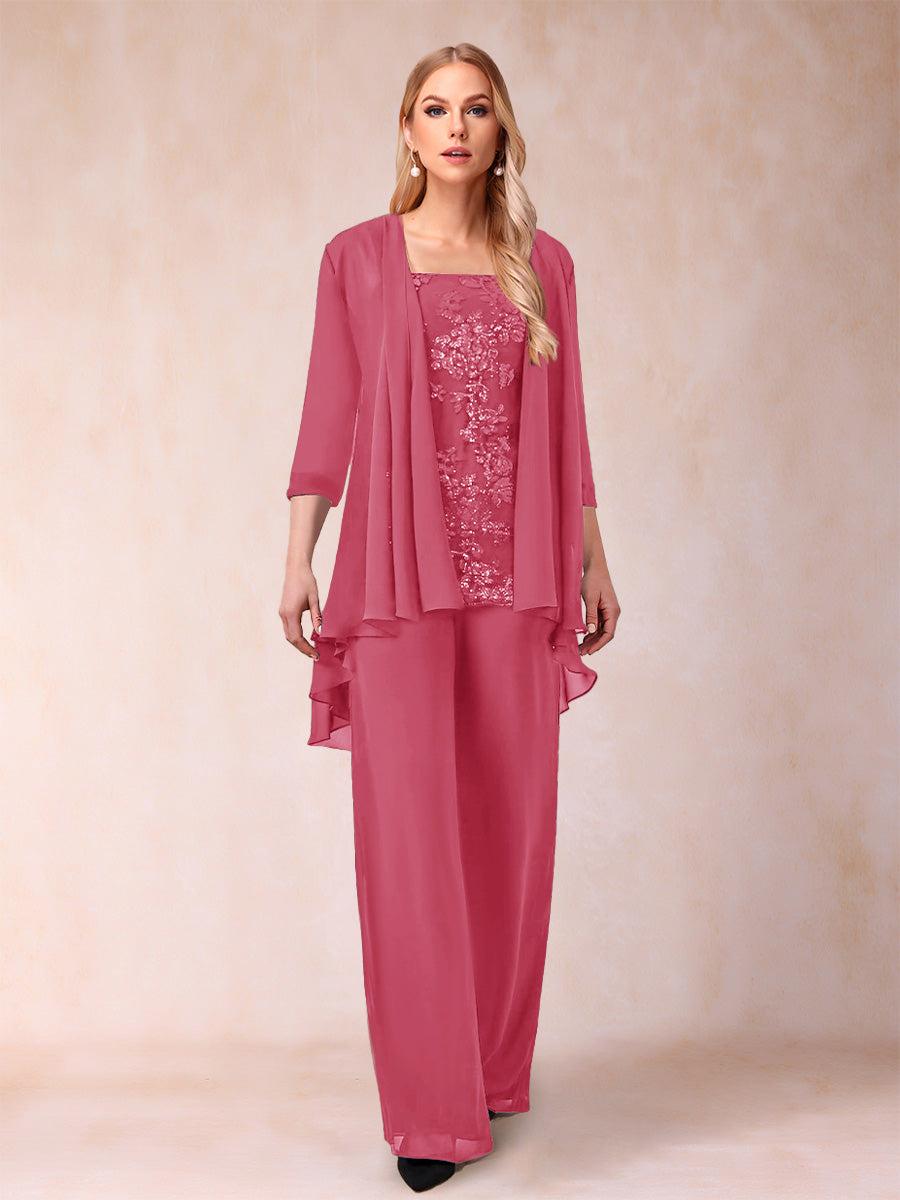 Chiffon Scoop 3/4 Sleeves 3 Pieces Pantsuits with Applique &amp; Jacket