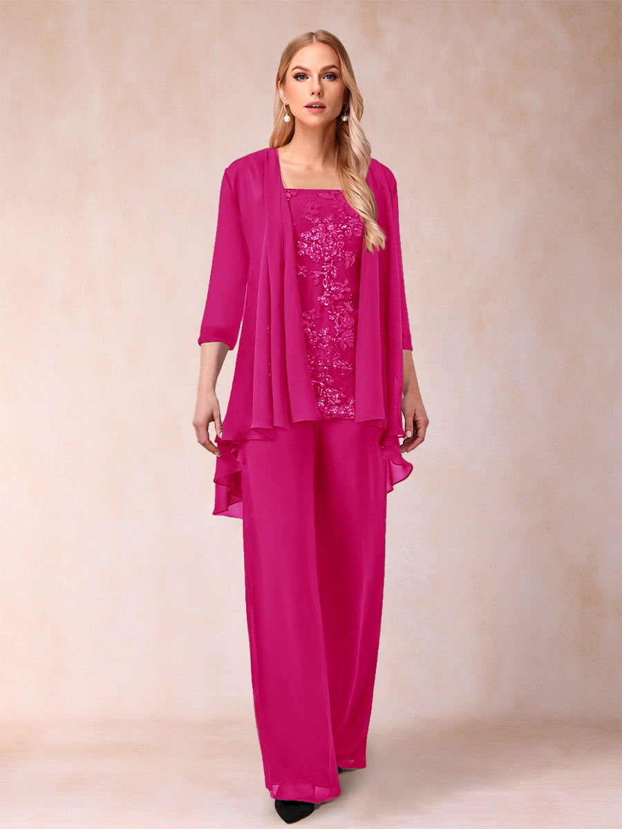 Chiffon Scoop 3/4 Sleeves 3 Pieces Pantsuits with Applique &amp; Jacket