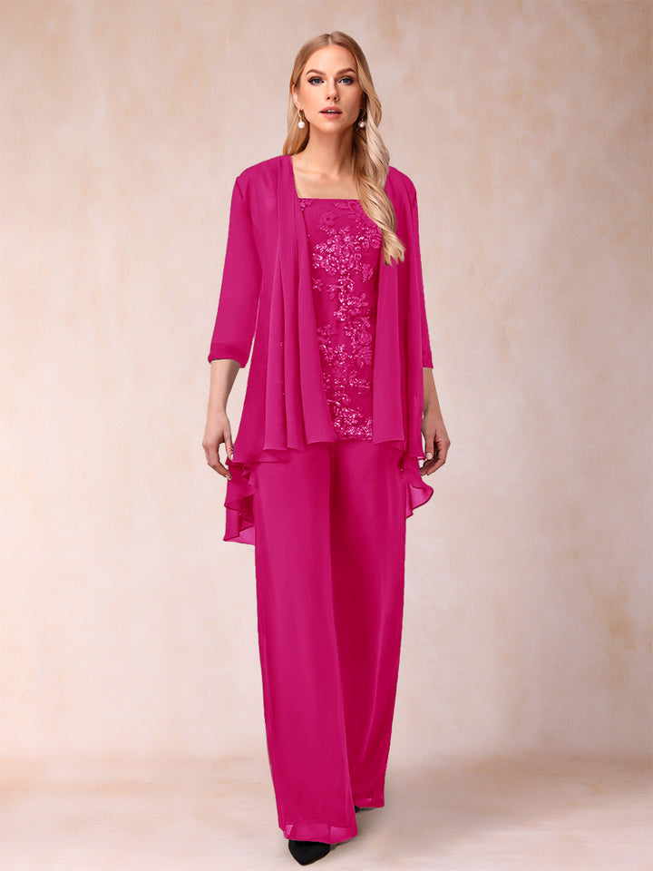Chiffon Scoop 3/4 Sleeves 3 Pieces Pantsuits with Applique &amp; Jacket