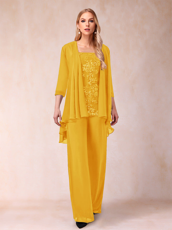 Chiffon Scoop 3/4 Sleeves 3 Pieces Pantsuits with Applique &amp; Jacket