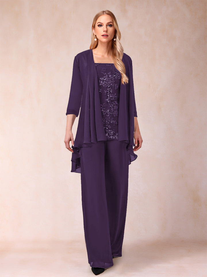Chiffon Scoop 3/4 Sleeves 3 Pieces Pantsuits with Applique &amp; Jacket