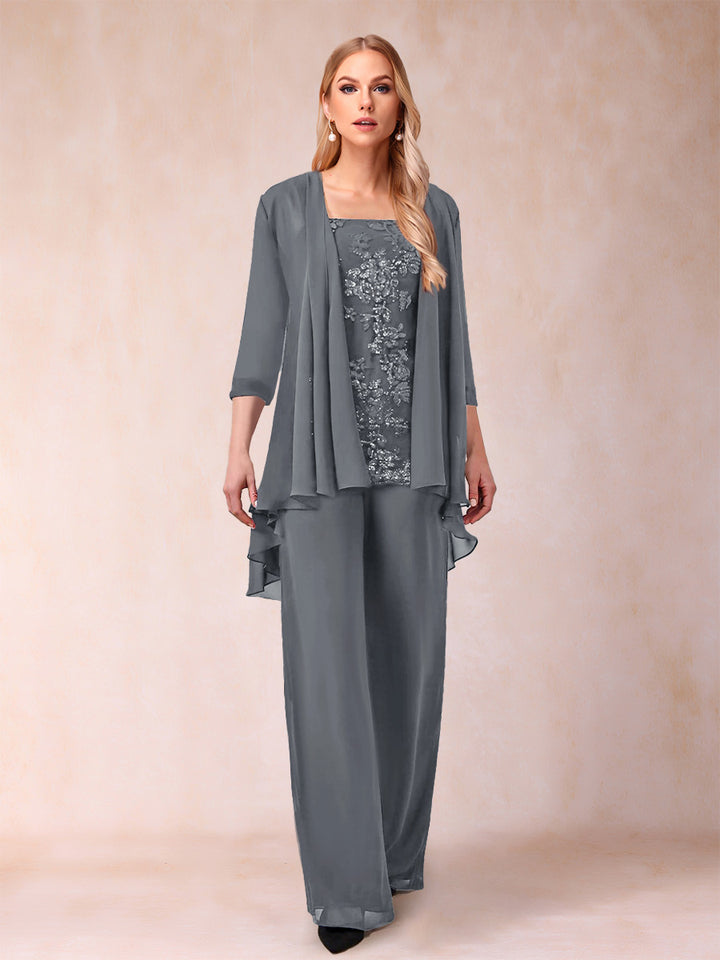 Chiffon Scoop 3/4 Sleeves 3 Pieces Pantsuits with Applique &amp; Jacket