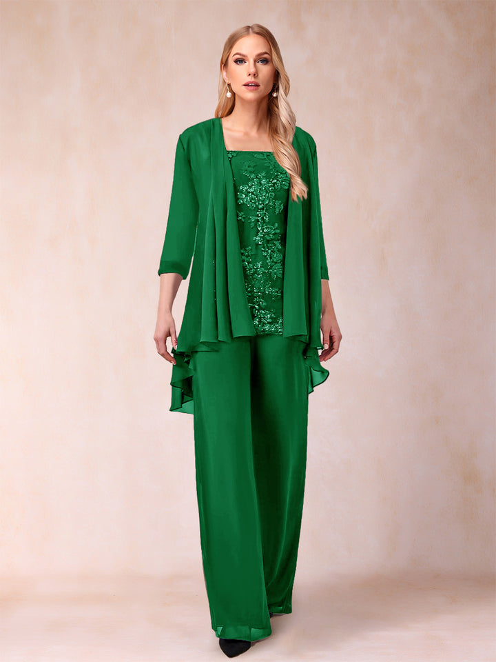 Chiffon Scoop 3/4 Sleeves 3 Pieces Pantsuits with Applique &amp; Jacket