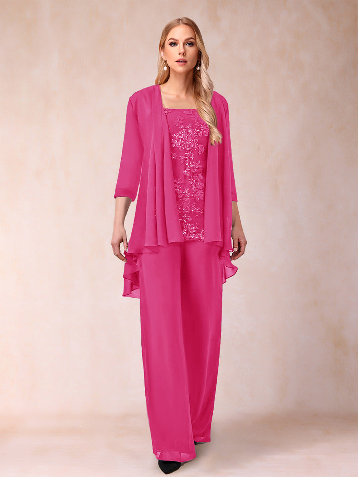 Chiffon Scoop 3/4 Sleeves 3 Pieces Pantsuits with Applique &amp; Jacket