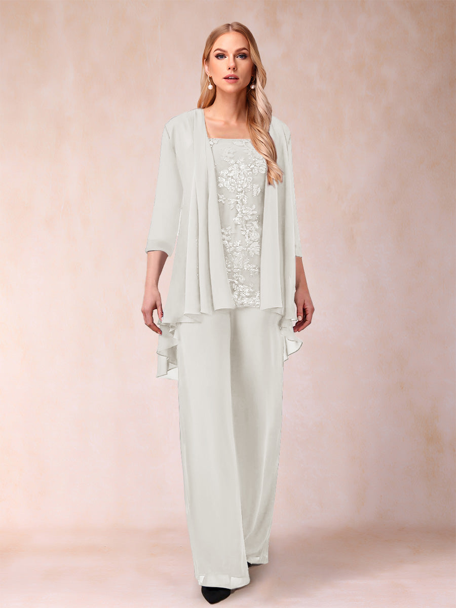 Chiffon Scoop 3/4 Sleeves 3 Pieces Pantsuits with Applique &amp; Jacket