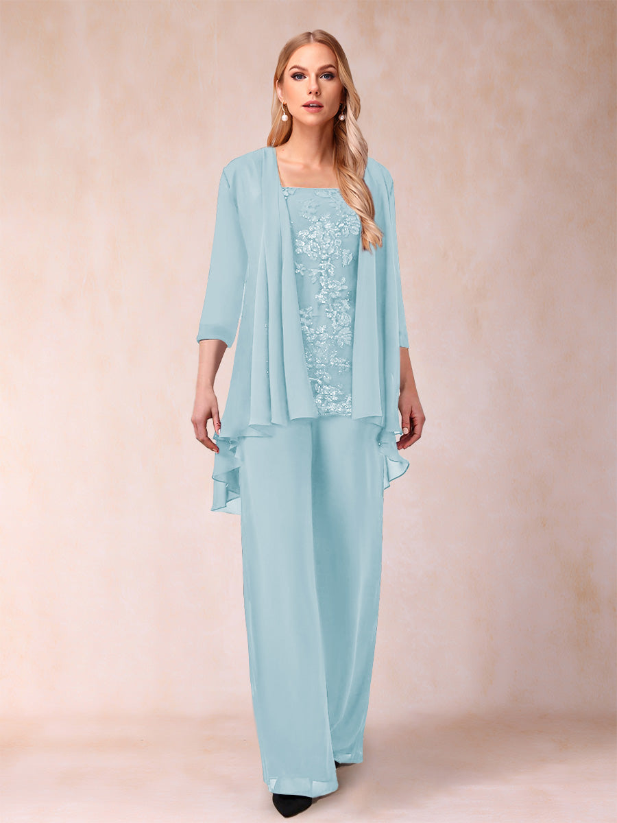 Chiffon Scoop 3/4 Sleeves 3 Pieces Pantsuits with Applique &amp; Jacket