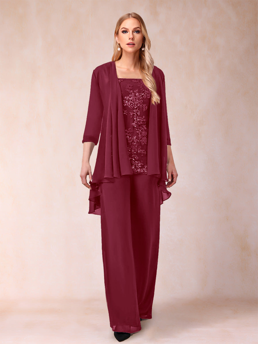 Chiffon Scoop 3/4 Sleeves 3 Pieces Pantsuits with Applique &amp; Jacket