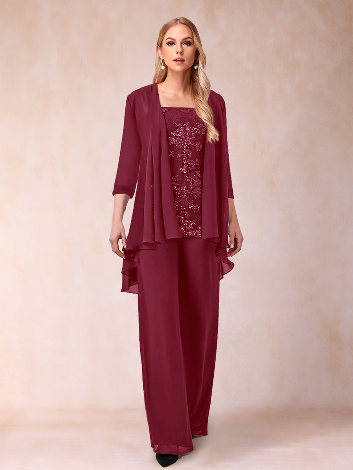 Chiffon Scoop 3/4 Sleeves 3 Pieces Pantsuits with Applique &amp; Jacket