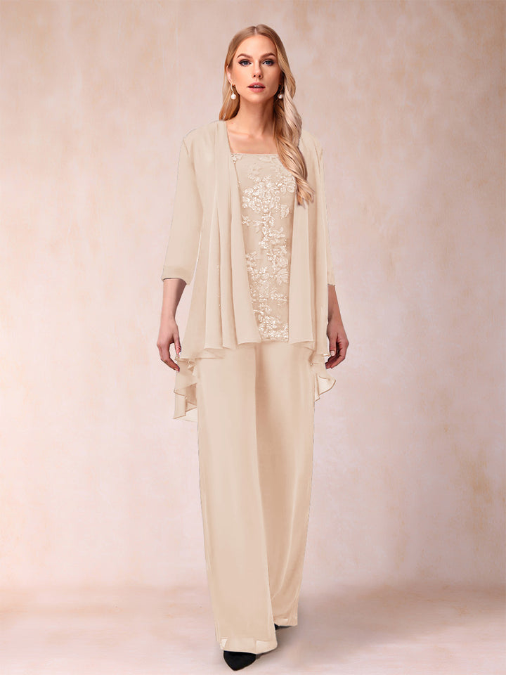 Chiffon Scoop 3/4 Sleeves 3 Pieces Pantsuits with Applique &amp; Jacket