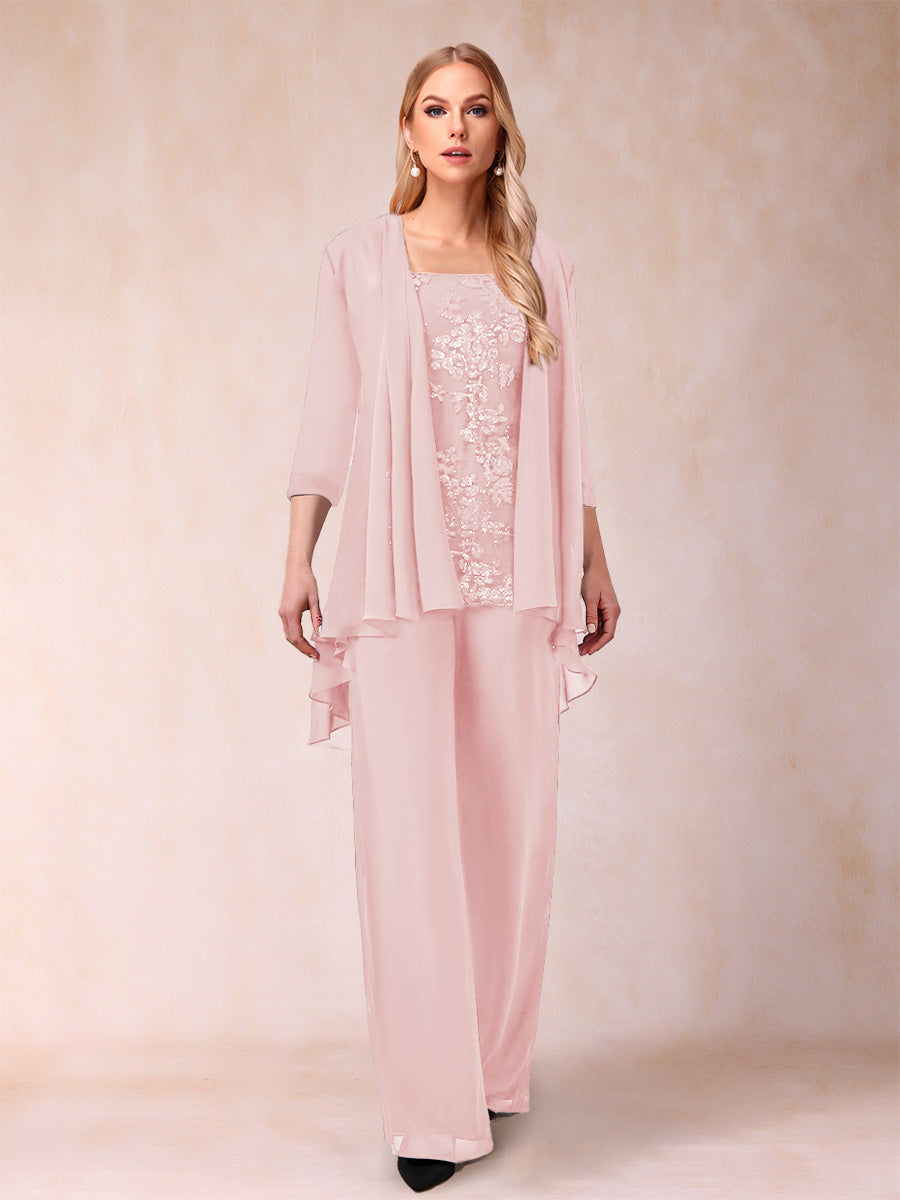 Chiffon Scoop 3/4 Sleeves 3 Pieces Pantsuits with Applique &amp; Jacket