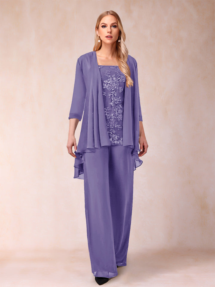 Chiffon Scoop 3/4 Sleeves 3 Pieces Pantsuits with Applique &amp; Jacket
