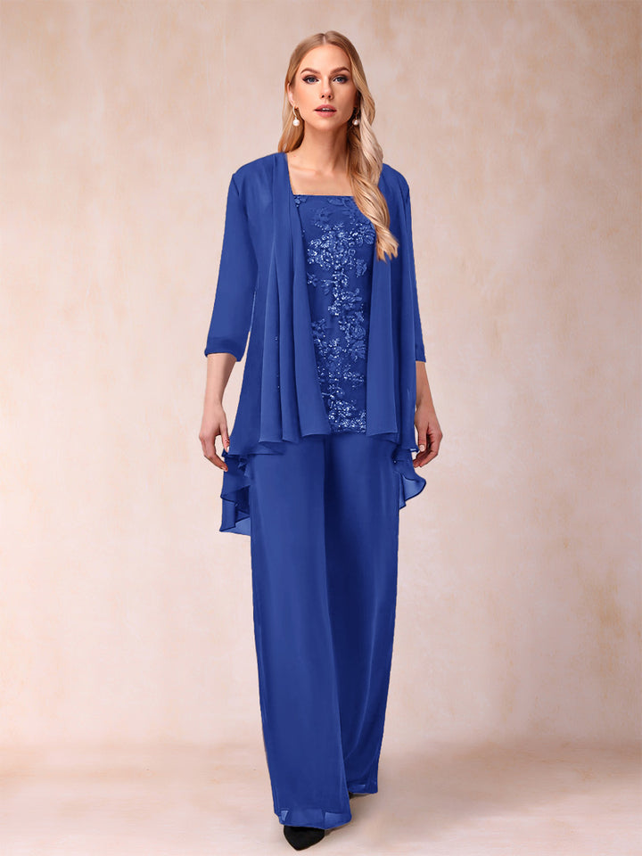 Chiffon Scoop 3/4 Sleeves 3 Pieces Pantsuits with Applique &amp; Jacket