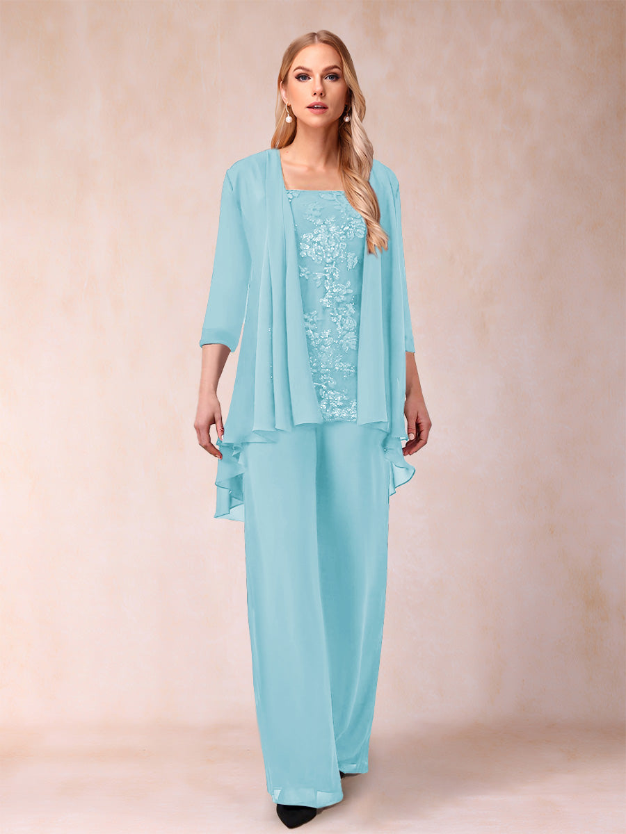Chiffon Scoop 3/4 Sleeves 3 Pieces Pantsuits with Applique &amp; Jacket