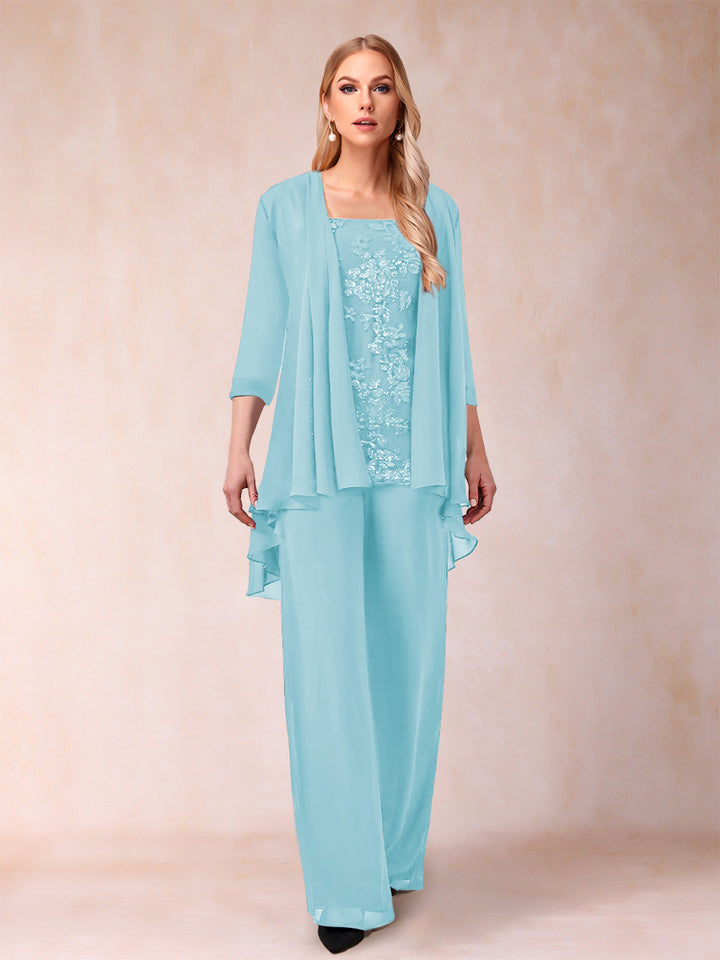 Chiffon Scoop 3/4 Sleeves 3 Pieces Pantsuits with Applique &amp; Jacket