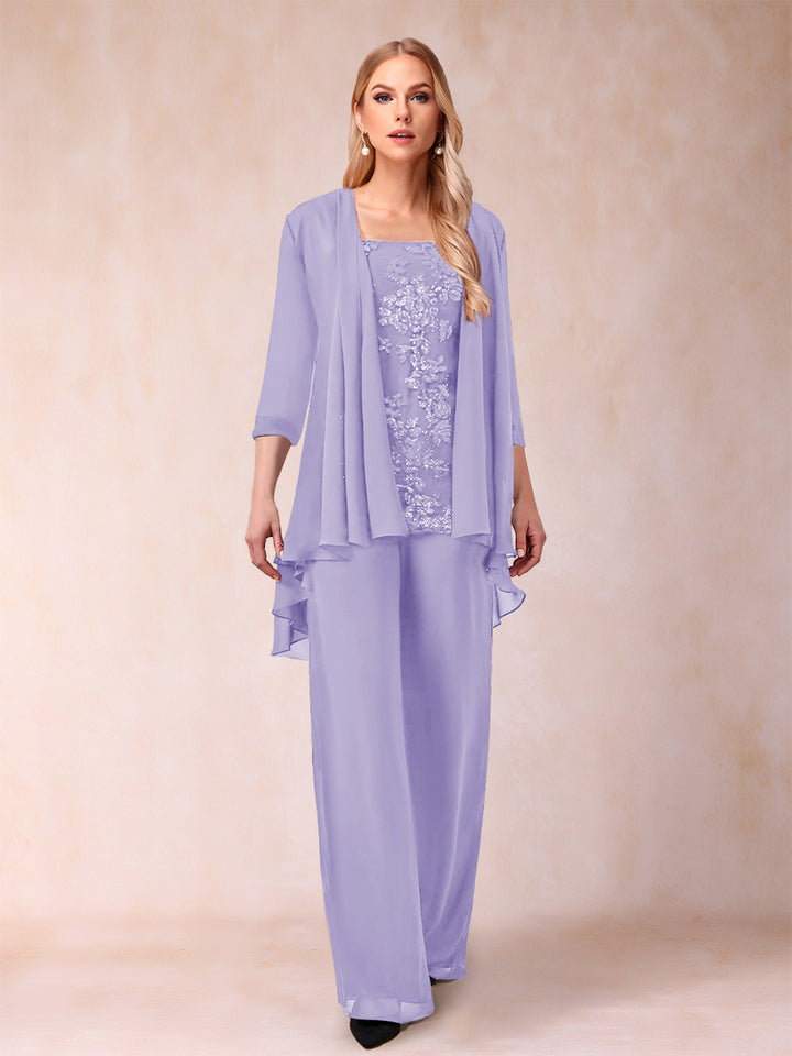 Chiffon Scoop 3/4 Sleeves 3 Pieces Pantsuits with Applique &amp; Jacket