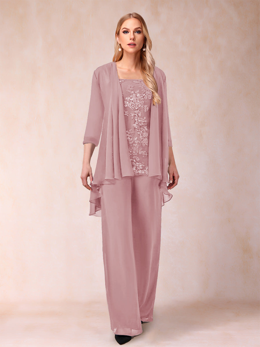 Chiffon Scoop 3/4 Sleeves 3 Pieces Pantsuits with Applique &amp; Jacket
