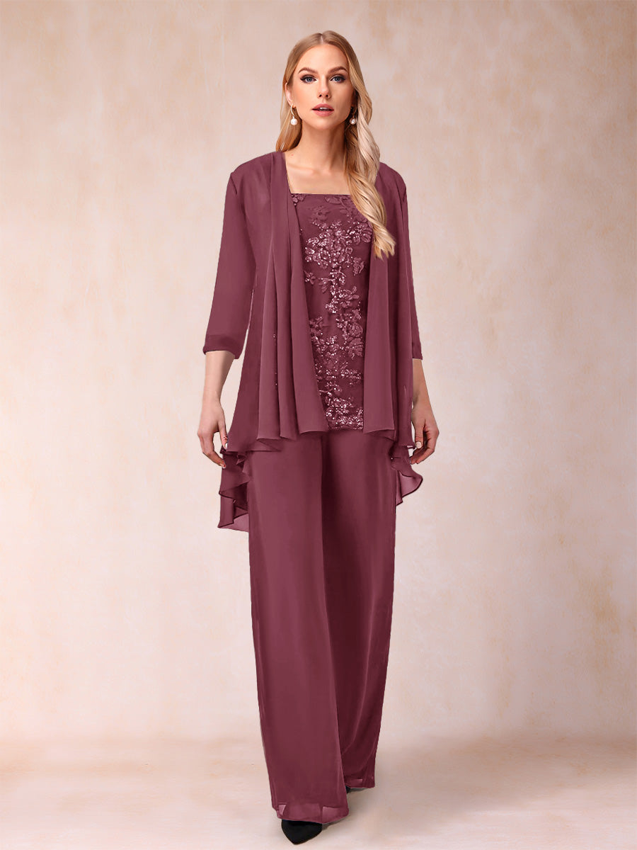Chiffon Scoop 3/4 Sleeves 3 Pieces Pantsuits with Applique &amp; Jacket