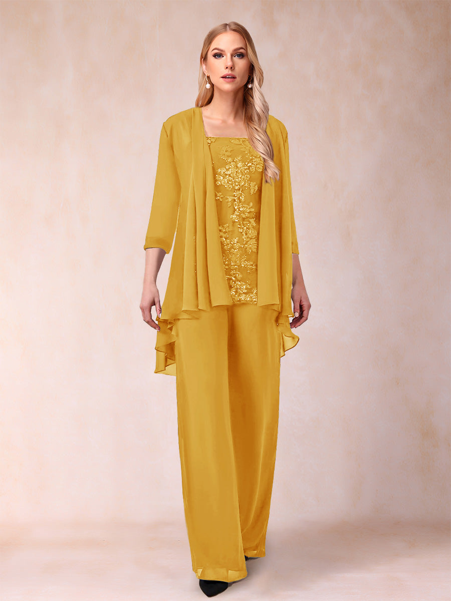 Chiffon Scoop 3/4 Sleeves 3 Pieces Pantsuits with Applique &amp; Jacket