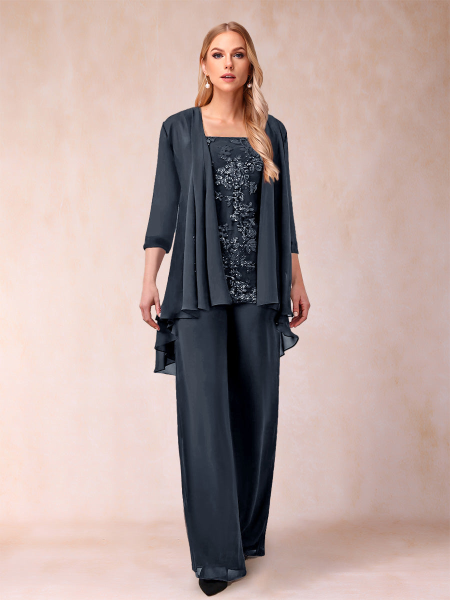 Chiffon Scoop 3/4 Sleeves 3 Pieces Pantsuits with Applique &amp; Jacket