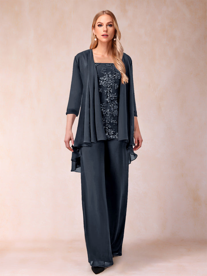 Chiffon Scoop 3/4 Sleeves 3 Pieces Pantsuits with Applique &amp; Jacket