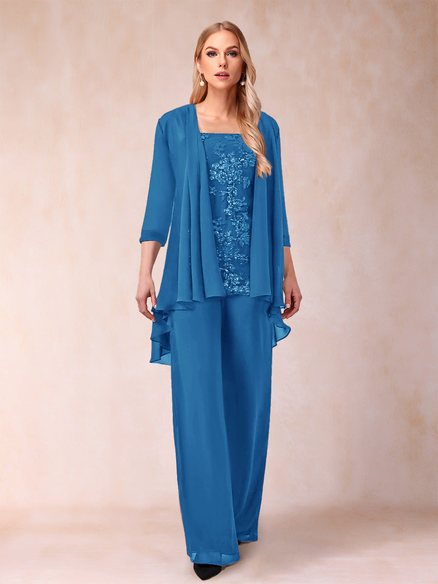 Chiffon Scoop 3/4 Sleeves 3 Pieces Pantsuits with Applique &amp; Jacket