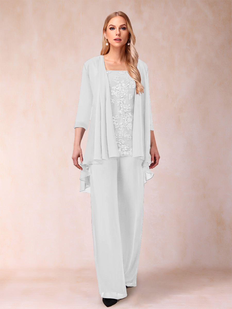 Chiffon Scoop 3/4 Sleeves 3 Pieces Pantsuits with Applique &amp; Jacket