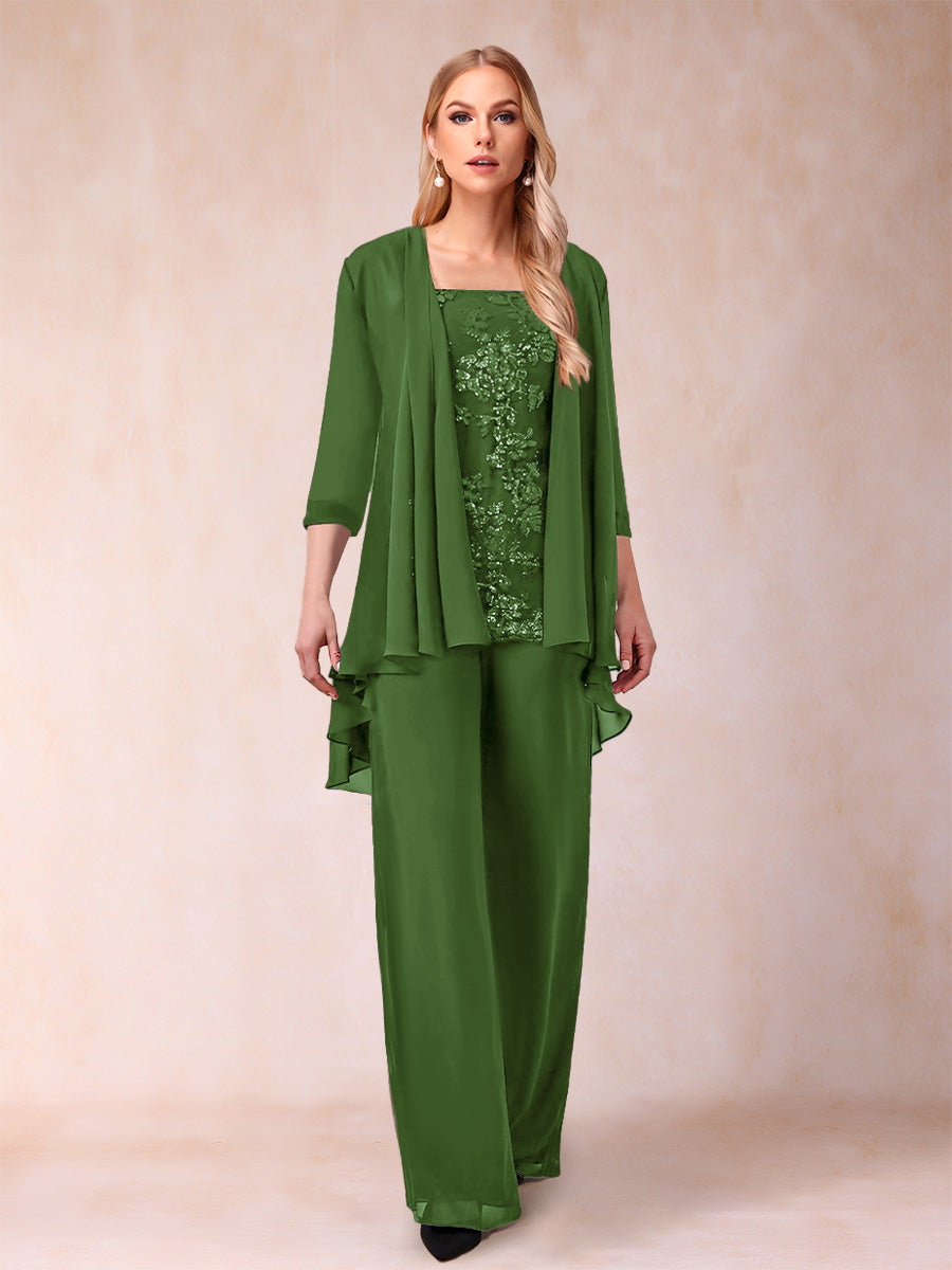 Chiffon Scoop 3/4 Sleeves 3 Pieces Pantsuits with Applique &amp; Jacket