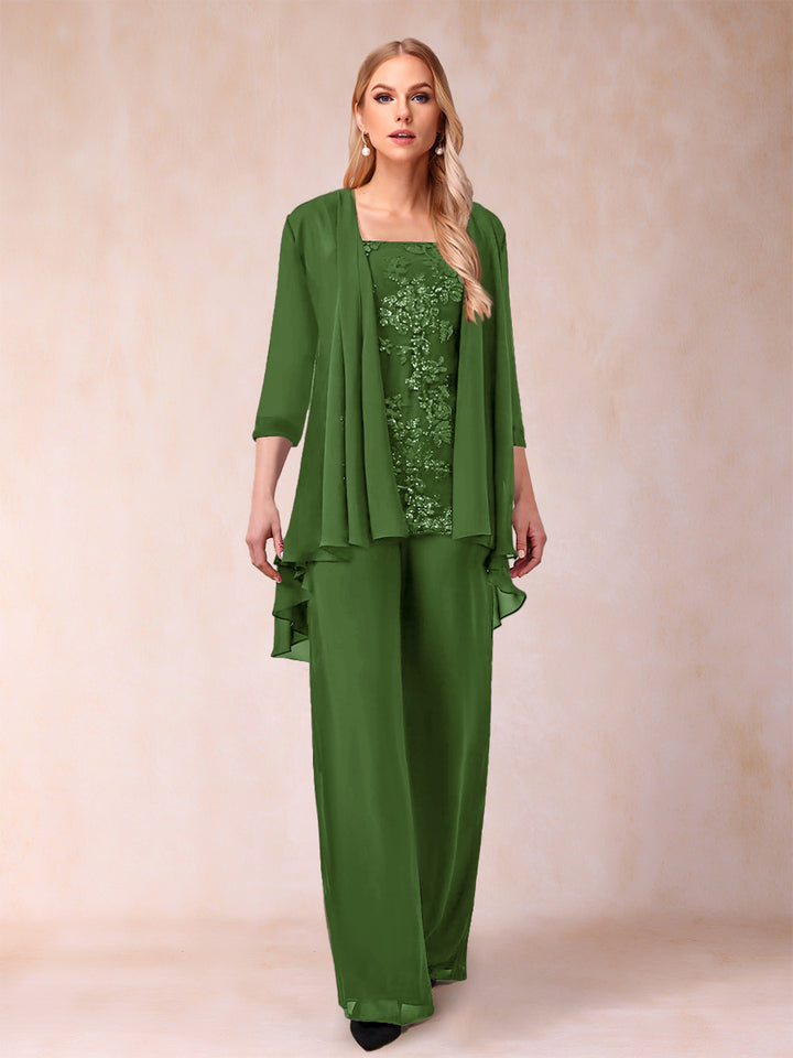 Chiffon Scoop 3/4 Sleeves 3 Pieces Pantsuits with Applique &amp; Jacket