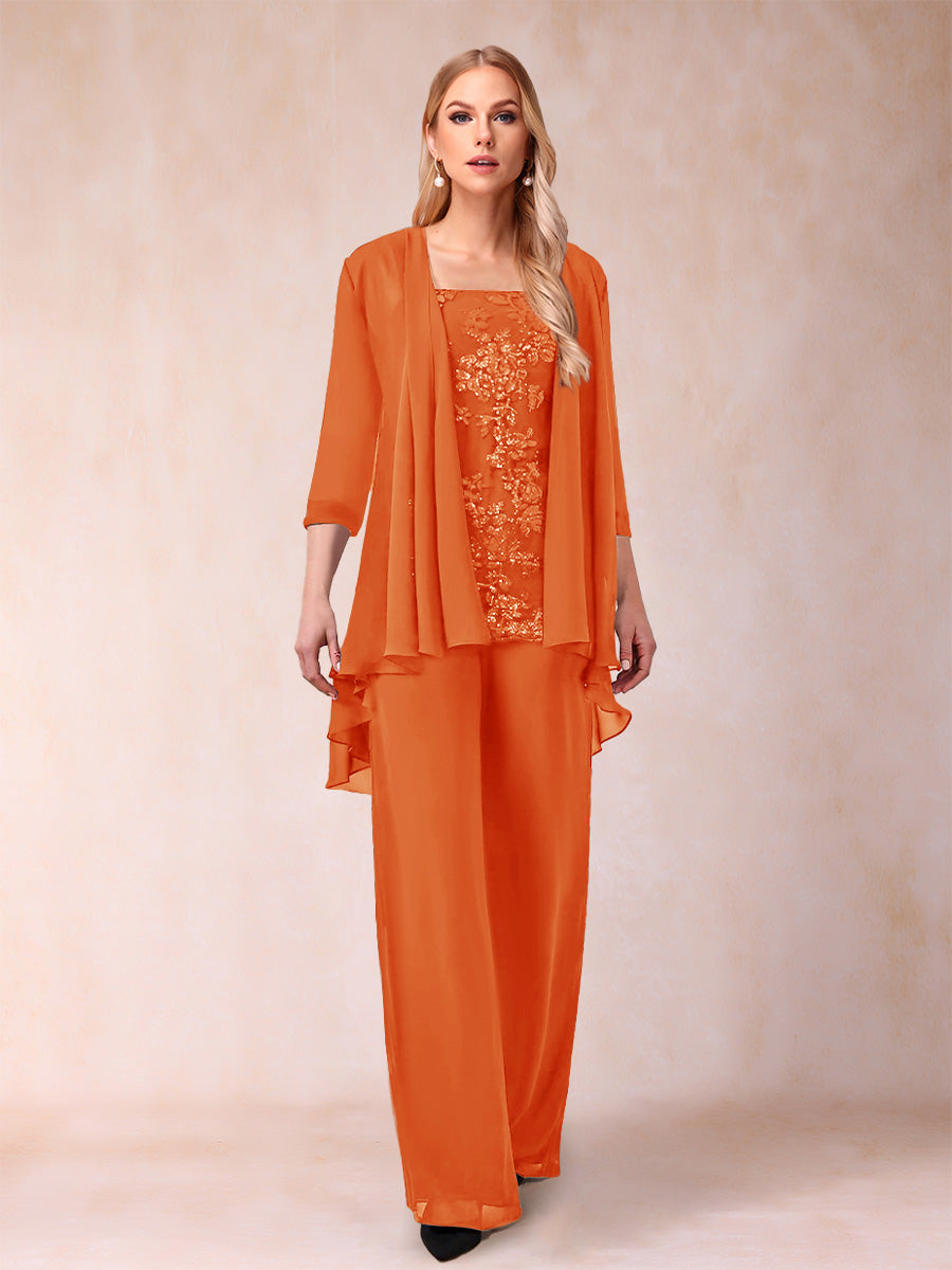 Chiffon Scoop 3/4 Sleeves 3 Pieces Pantsuits with Applique &amp; Jacket