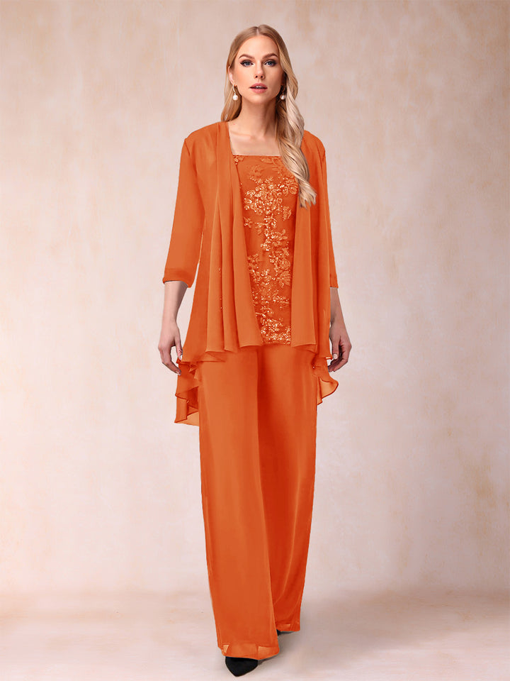 Chiffon Scoop 3/4 Sleeves 3 Pieces Pantsuits with Applique &amp; Jacket