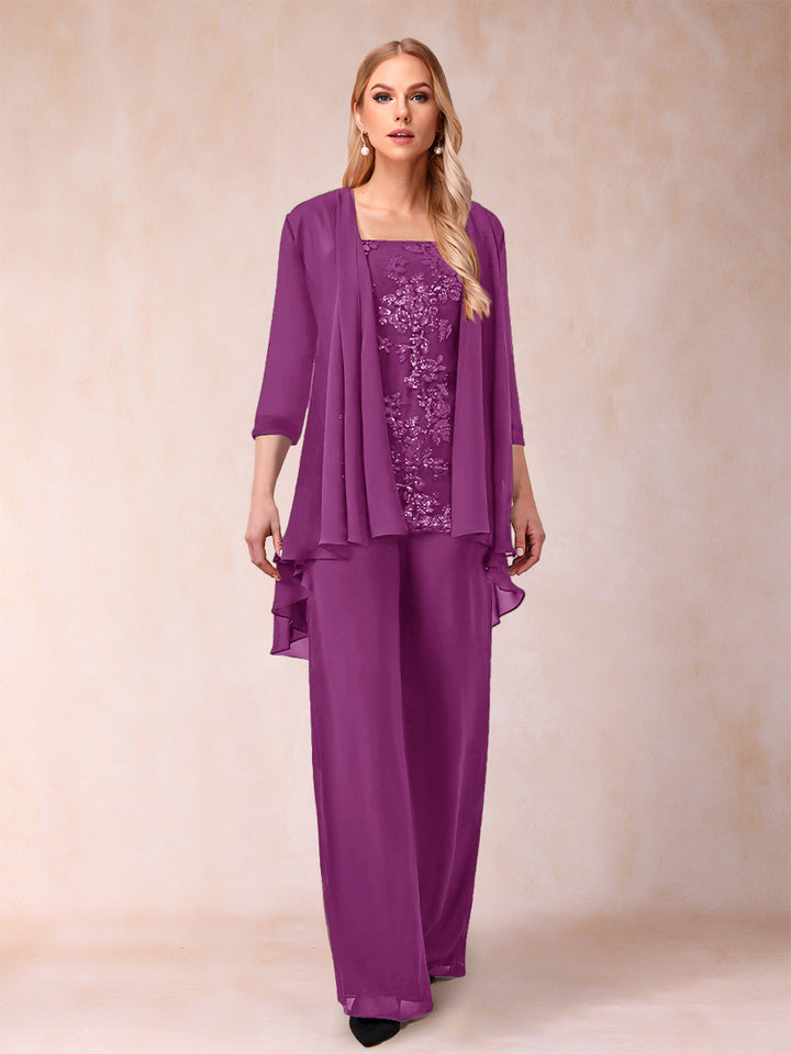 Chiffon Scoop 3/4 Sleeves 3 Pieces Pantsuits with Applique &amp; Jacket