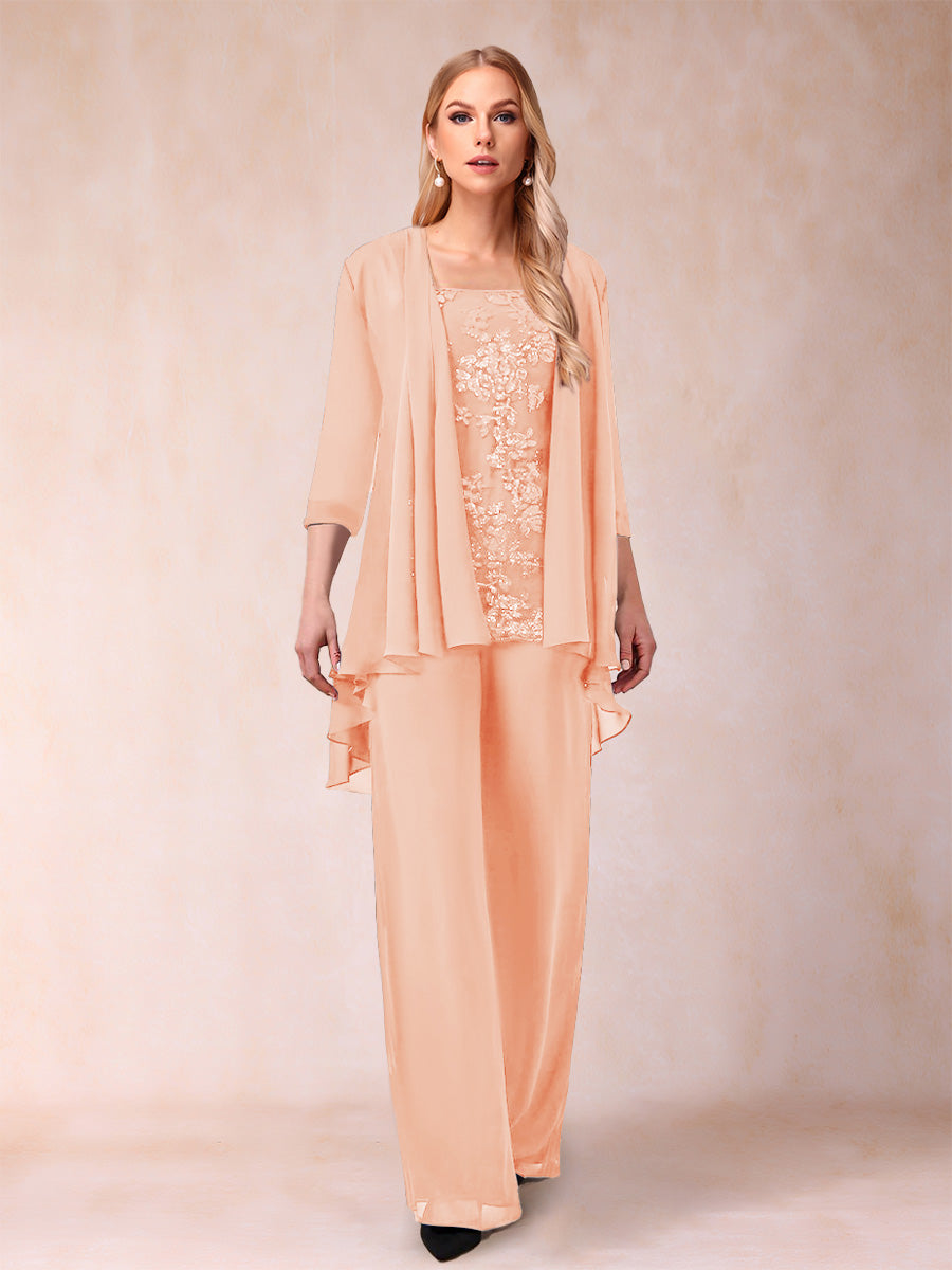 Chiffon Scoop 3/4 Sleeves 3 Pieces Pantsuits with Applique &amp; Jacket